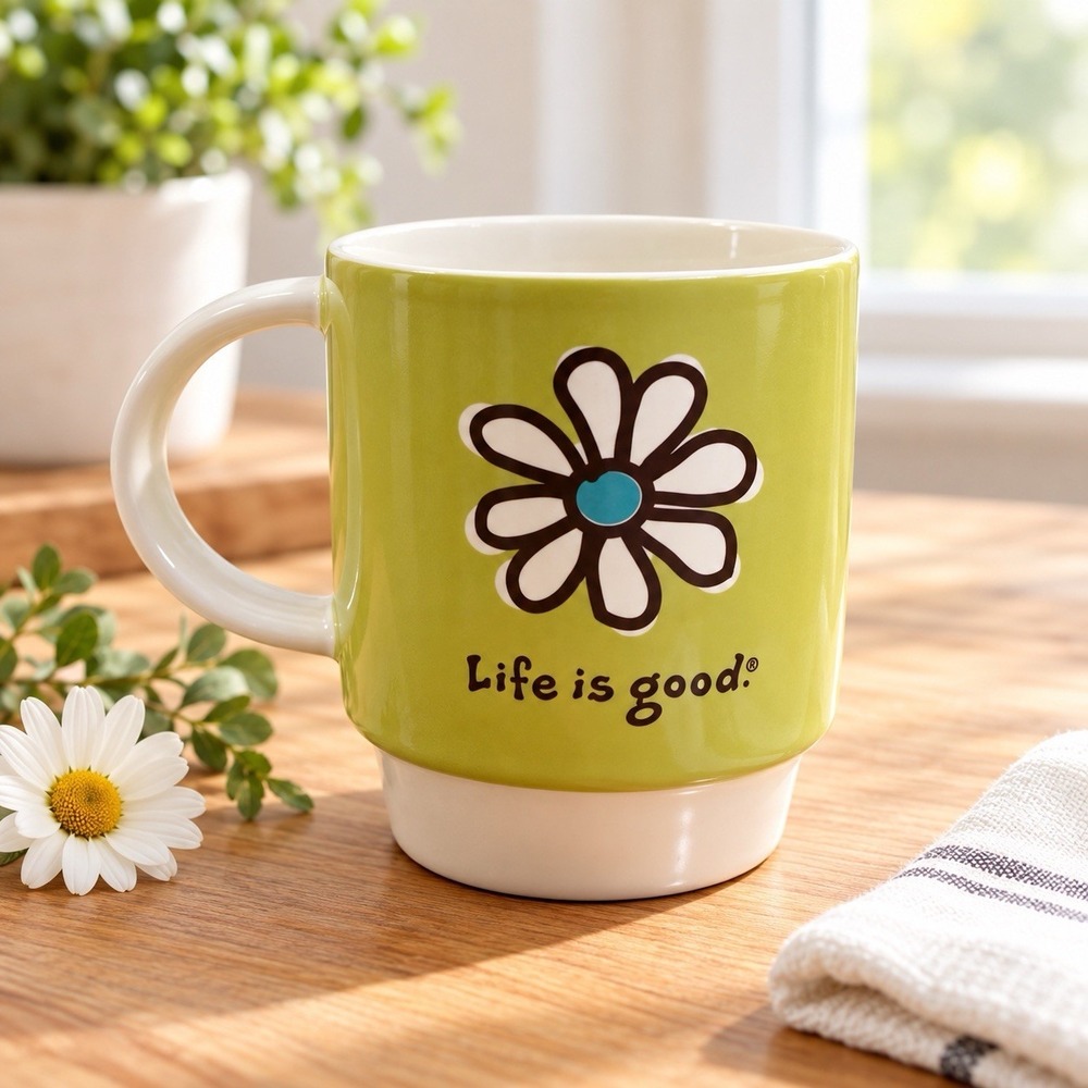 Life Is Good Coffee Mug Do What You Like Like What You Do Lime Green With Daisy